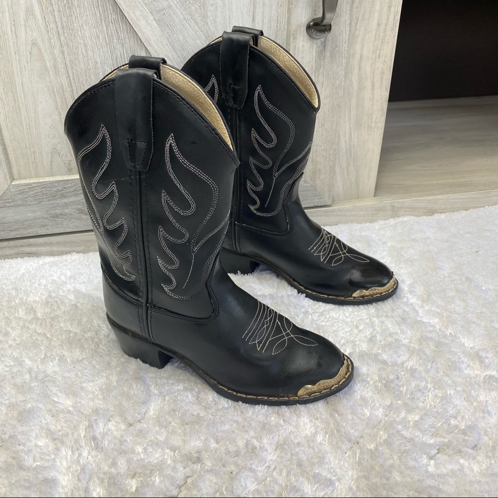 Old West Black Kids Boots 1.5 8 inches Unisex Western Cowboy Rodeo